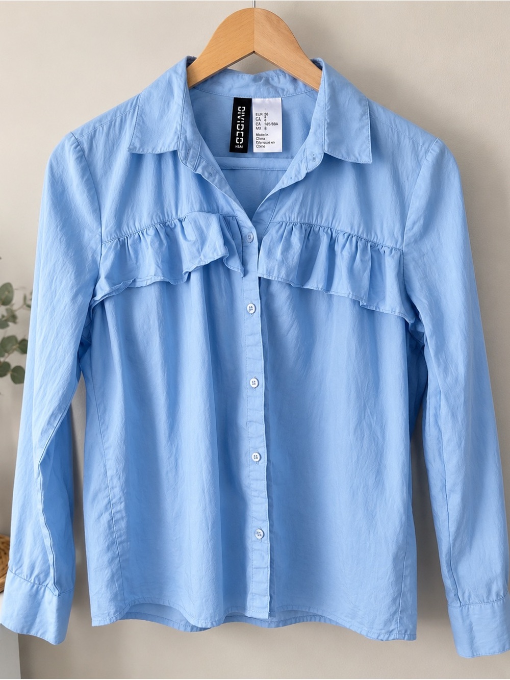 H&M Sky Blue Ruffle Front Button-Down Shirt